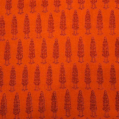 Pure Cotton Gamthi Orange With Red Tree Motif Hand Block Print Fabric