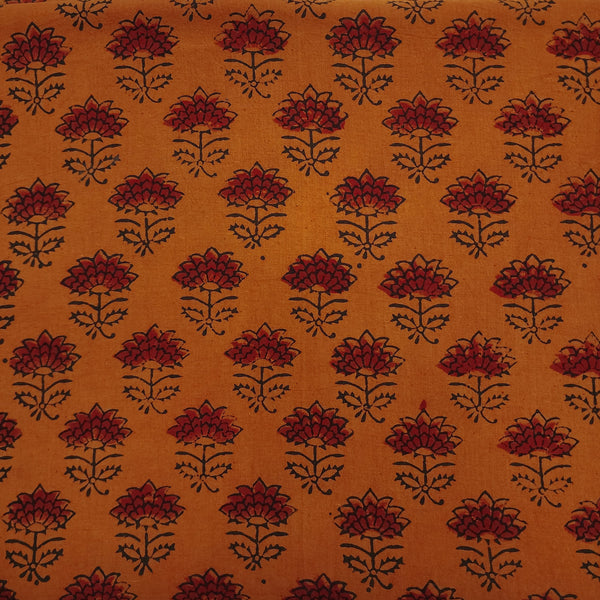 ( Pre-Cut 1.35 Meter ) Pure Cotton Gamthi Orange With Rust Flowers Hand Block Print Fabric