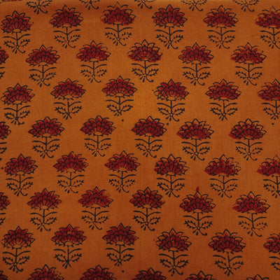 ( Pre-Cut 1.35 Meter ) Pure Cotton Gamthi Orange With Rust Flowers Hand Block Print Fabric