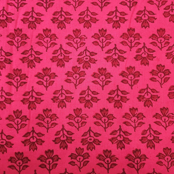 ( Pre-Cut 1 Meter ) Pure Cotton Gamthi Pink With Dark Pink Flower Up And Down Flower Motif Hand Block Print Fabric