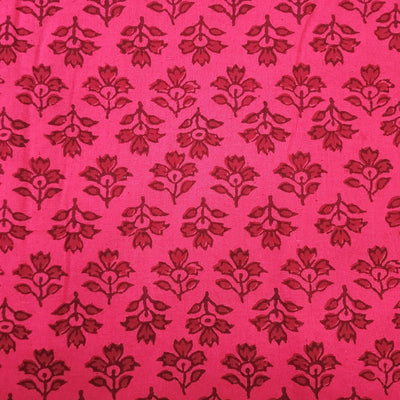 ( Pre-Cut 1.20 Meter ) Pure Cotton Gamthi Pink With Dark Pink Flower Up And Down Flower Motif Hand Block Print Fabric
