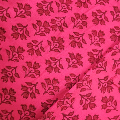 ( Pre-Cut 1.20 Meter ) Pure Cotton Gamthi Pink With Dark Pink Flower Up And Down Flower Motif Hand Block Print Fabric