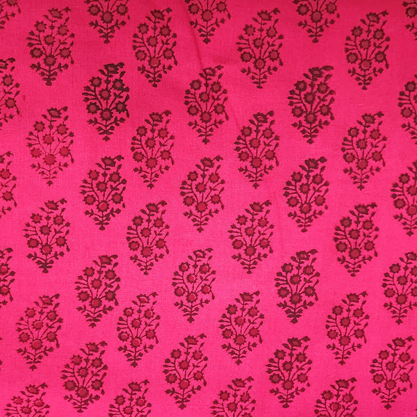 ( Pre-Cut 1.60  Meter ) Pure Cotton Gamthi Pink With Dark Pink Intricate Flower Motif Hand Block Print Fabric