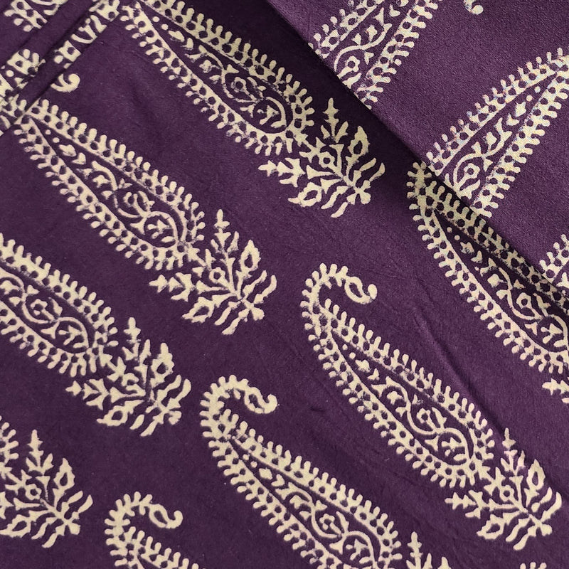 Pure Cotton Gamthi Purple With White Big Kairi Design Hand Block Print Fabric