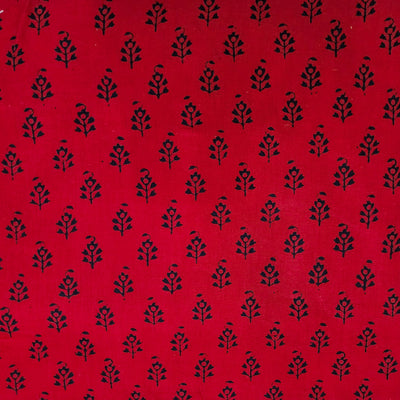 Pure Cotton Gamthi Red With Black Flower Motif Hand Block Print Fabric