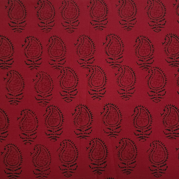 ( Pre-Cut 0.80 Meter )Pure Cotton Gamthi Rust Maroon With Kairi Motifs Hand Block Print Fabric