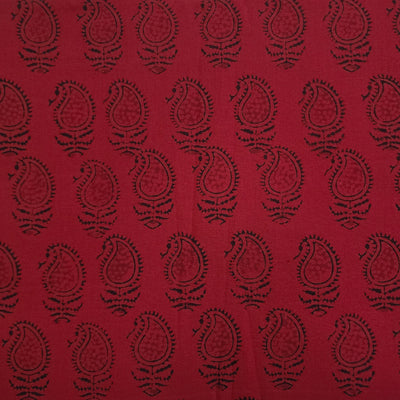 ( Pre-Cut 0.80 Meter )Pure Cotton Gamthi Rust Maroon With Kairi Motifs Hand Block Print Fabric
