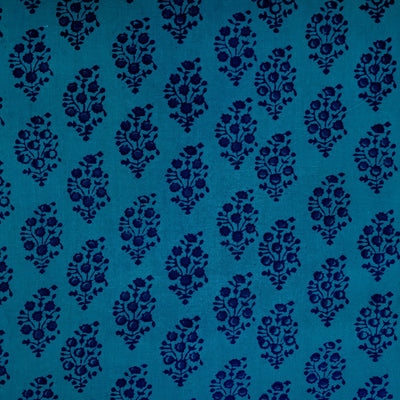 Pure Cotton Gamthi Teal Blue With Dark Blue Flower Motif Hand Block Print Fabric