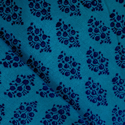 Pure Cotton Gamthi Teal Blue With Dark Blue Flower Motif Hand Block Print Fabric