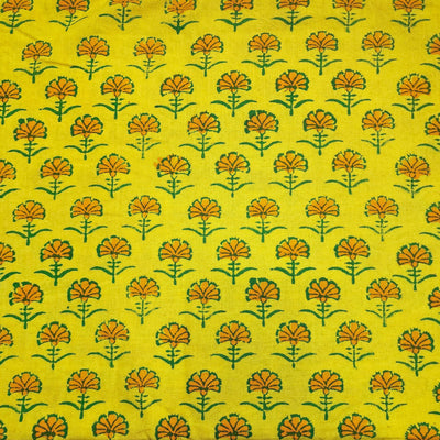 ( Pre-Cut 1.65 Meter ) Pure Cotton Gamthi Yellow With Dark Green And Orange Flower Hand Block Print Fabric