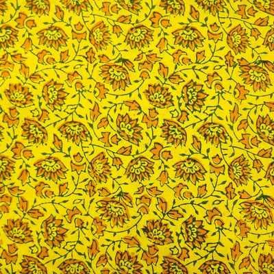 Pure Cotton Gamthi Yellow With Green Flower Jaal Hand Block Print Fabric