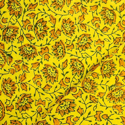 Pure Cotton Gamthi Yellow With Green Flower Jaal Hand Block Print Fabric