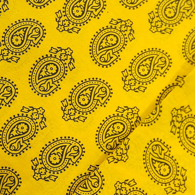 Pure Cotton Gamthi Yellow With Green Kairi Motif Hand Block Print Fabric