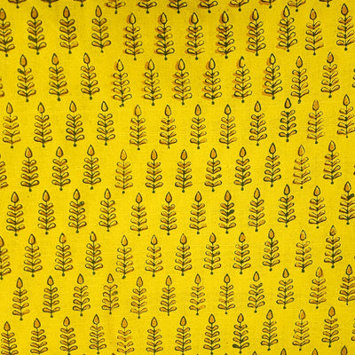 Pure Cotton Gamthi Yellow With Green Leaves Hand Block Print Fabric