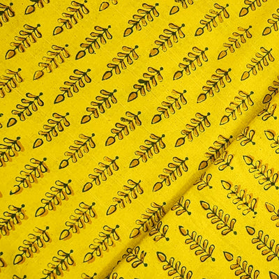 Pure Cotton Gamthi Yellow With Green Leaves Hand Block Print Fabric