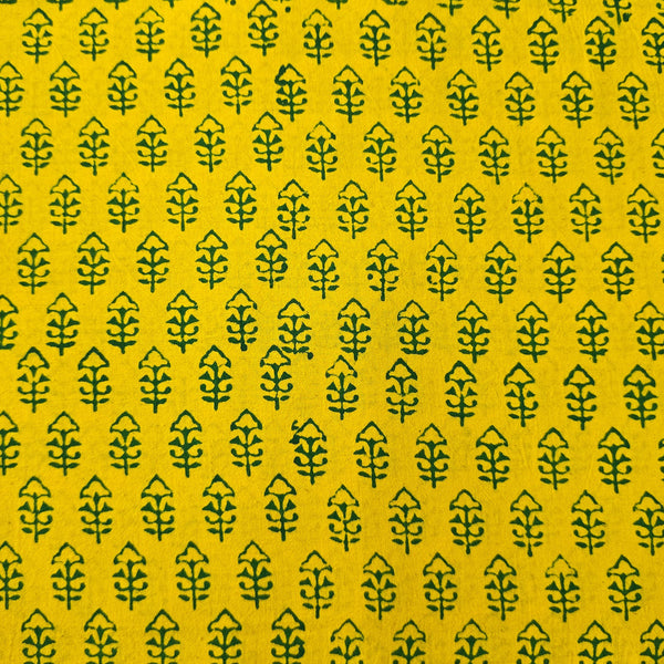Pure Cotton Gamthi Yellow With Green Small Flower Motif Hand Block Print Fabric