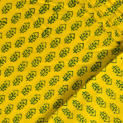 Pure Cotton Gamthi Yellow With Green Small Flower Motif Hand Block Print Fabric