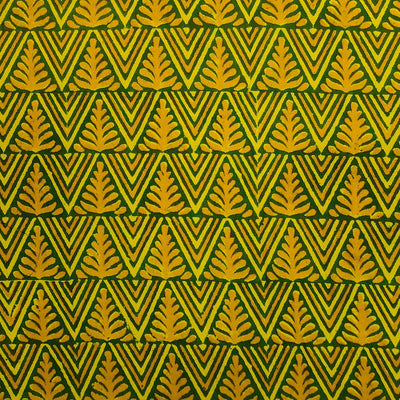 Pure Cotton Gamthi Yellow With Green Triangle Jaal Hand Block Print Fabric