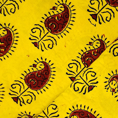Pure Cotton Gamthi Yellow With Rust Kairi Hand Block Print Fabric