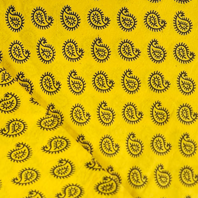 Pure Cotton Gamthi Yellow With Small Green Kairi Hand Block Print Fabric