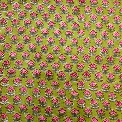 ( Pre-Cut 0.80 Meter ) Pure Cotton Green With Pink Datura Flower Motifs Jaipuri Hand Block Print Fabric