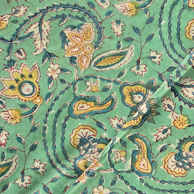 Pure Cotton Green With Small Yellow Flower Jaal Hand Block Print Fabric