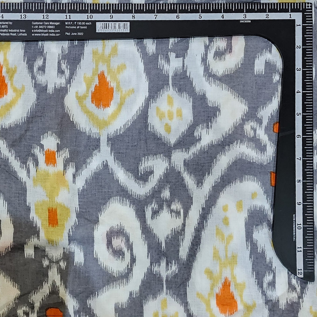 Pure Cotton Grey With White And Orange Intricate Big Design Screen Pri ...