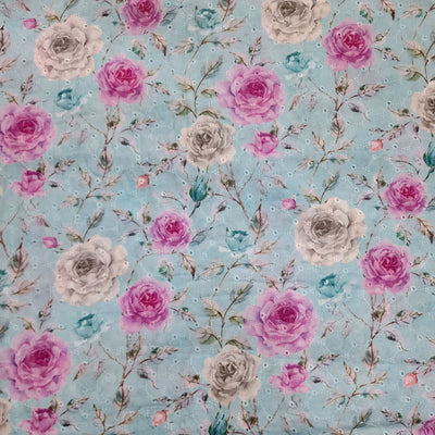 ( Width 42 Inches ) Pure Cotton Hakoba Baby Blue With Green With Pink Rose Jaal Screen Print Fabric