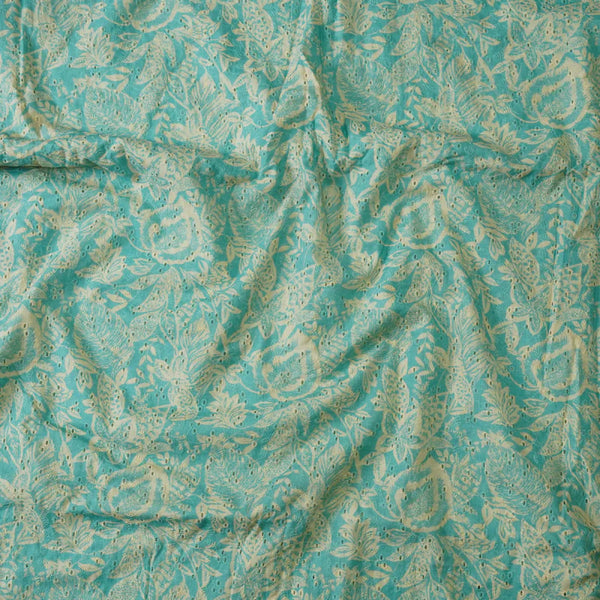 ( PRE-CUT 2 METER ) Pure Cotton Hakoba Cream With Blue Leaves Design Screen Print Fabric