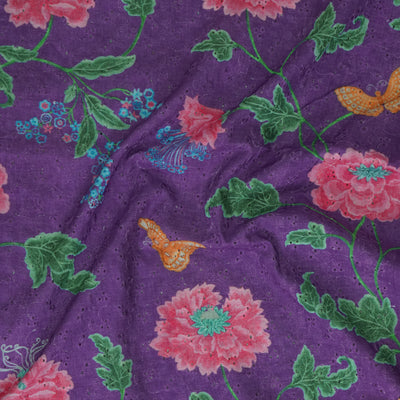 ( Width 44 Inches ) Pure Cotton Hakoba Dark Purple With Pink And Dark Green Flower Jaal  Hand Block Print Fabric