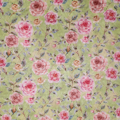 ( Width 42 Inches ) Pure Cotton Hakoba Light Floral Lemon Green With Pink Rose Screen Print Fabric