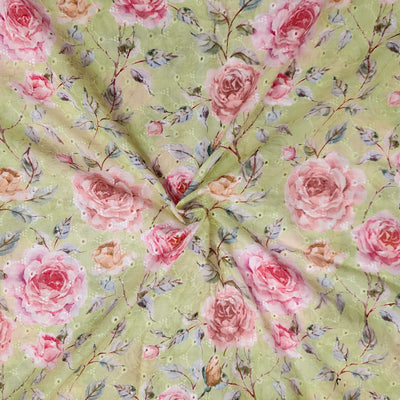 ( Width 42 Inches ) Pure Cotton Hakoba Light Floral Lemon Green With Pink Rose Screen Print Fabric