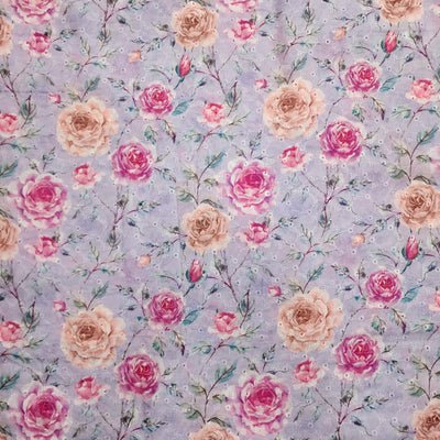 ( Width 42 Inches ) Pure Cotton Hakoba Light Purple With Foral Pink And Peach Rose Jaal Hand Block Print Fabric