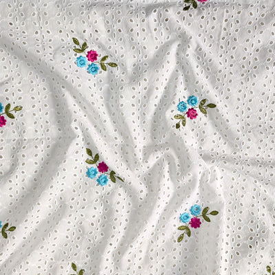 ( Width 44  Inches ) Pure Cotton Hakoba White With Blue And Pink Flower Embroidery Hand Woven Fabric