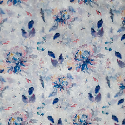 ( Pre-CUT 0.90 Meter ) ( Width 42 Inches ) Pure Cotton Hakoba White With Ink Blue Flower Screen Print Fabric