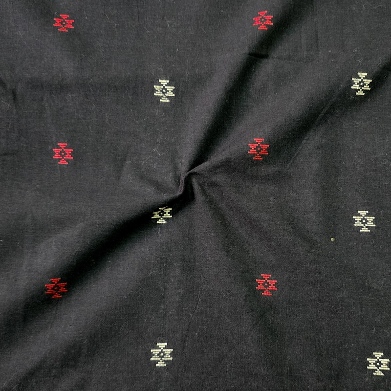 Pure Cotton Handloom Black With Cream And Red Motif Hand Woven Fabric