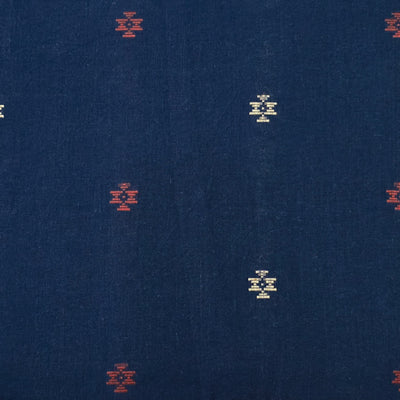Pure Cotton Handloom Blue With Cream And Red Motif Hand Woven Fabric