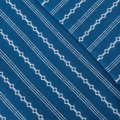 Pure Cotton Handloom Blue With White Intricate Design Stripes Hand Woven Fabric