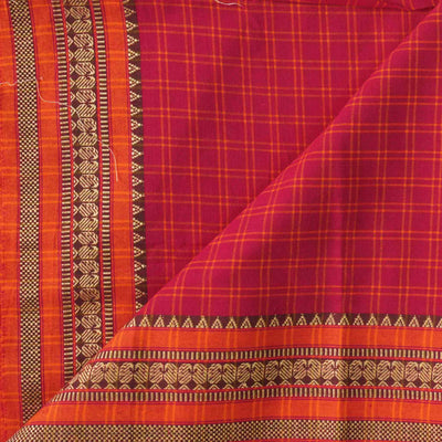 Pure Cotton Handloom Checks Pink With Orange And Border Hand Woven Fabric