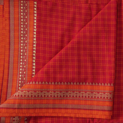 Pure Cotton Handloom Checks Red With Orange And Border Hand Woven Fabric