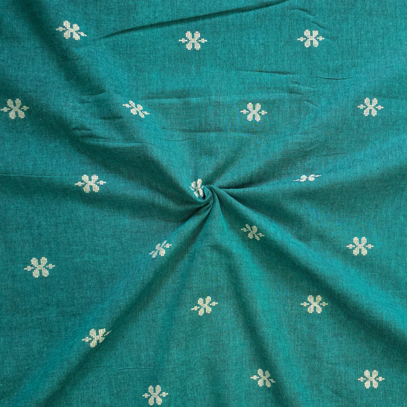 Pure Cotton Handloom Teal Green With White Flower Design Hand Woven Fabric