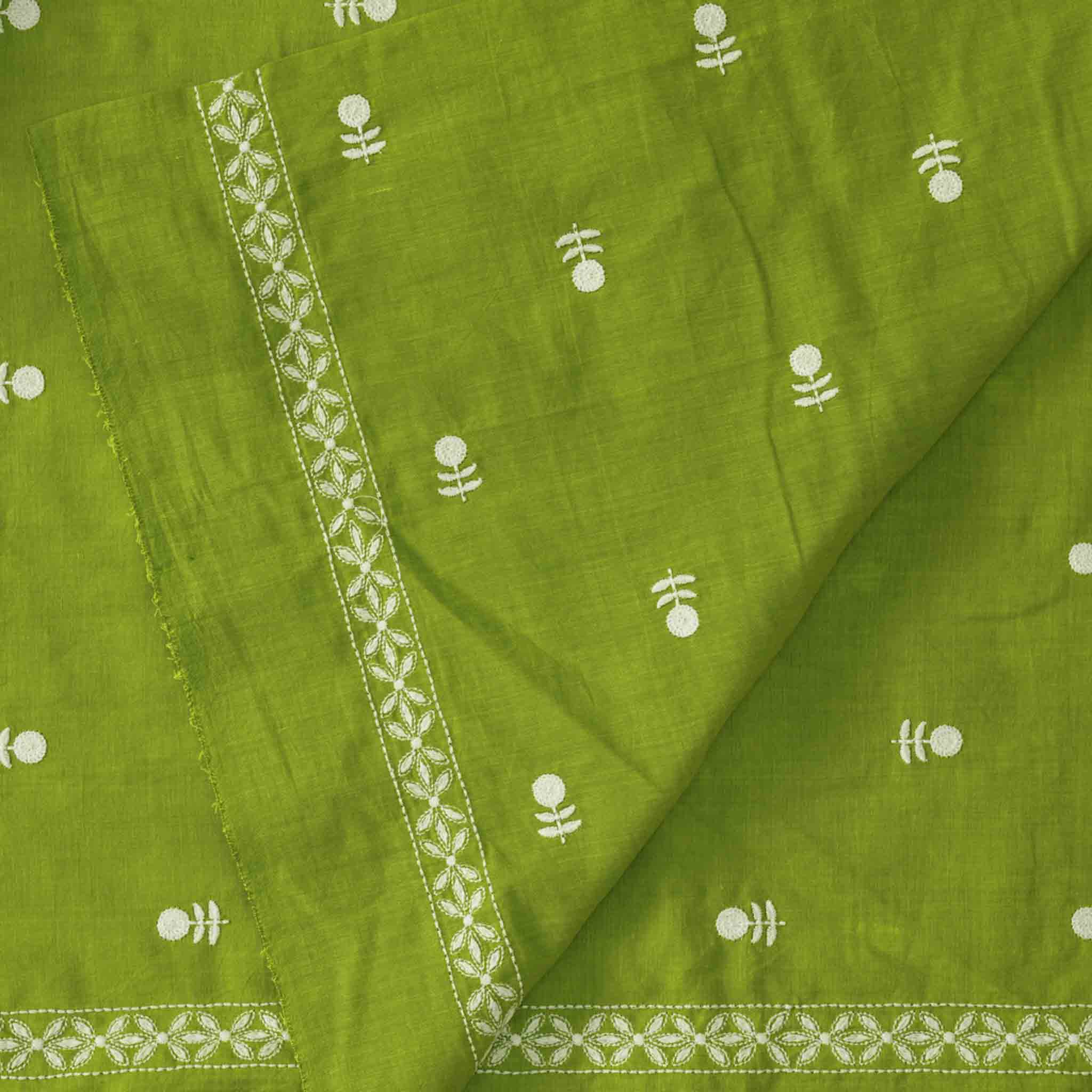 Pure Cotton Handloom Green With White Flower Motif Emboriderey Hand Wo ...
