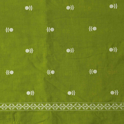 Pure Cotton Handloom Green With White Flower Motif   Emboriderey Hand Woven Fabric