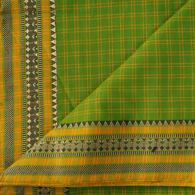 Pure Cotton Handloom Green With Yellow Checks And Border Hand Woven Fabric