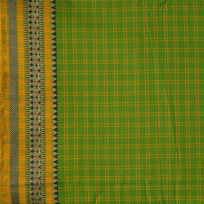 Pure Cotton Handloom Green With Yellow Checks And Border Hand Woven Fabric