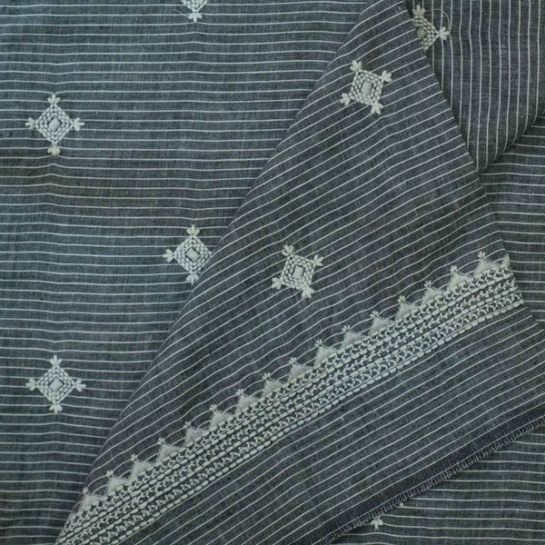 (Pre-Cut 0.84 Meter)Pure Cotton Handloom Grey Stripes With Cream Embroidery Hand Block Print Fabric