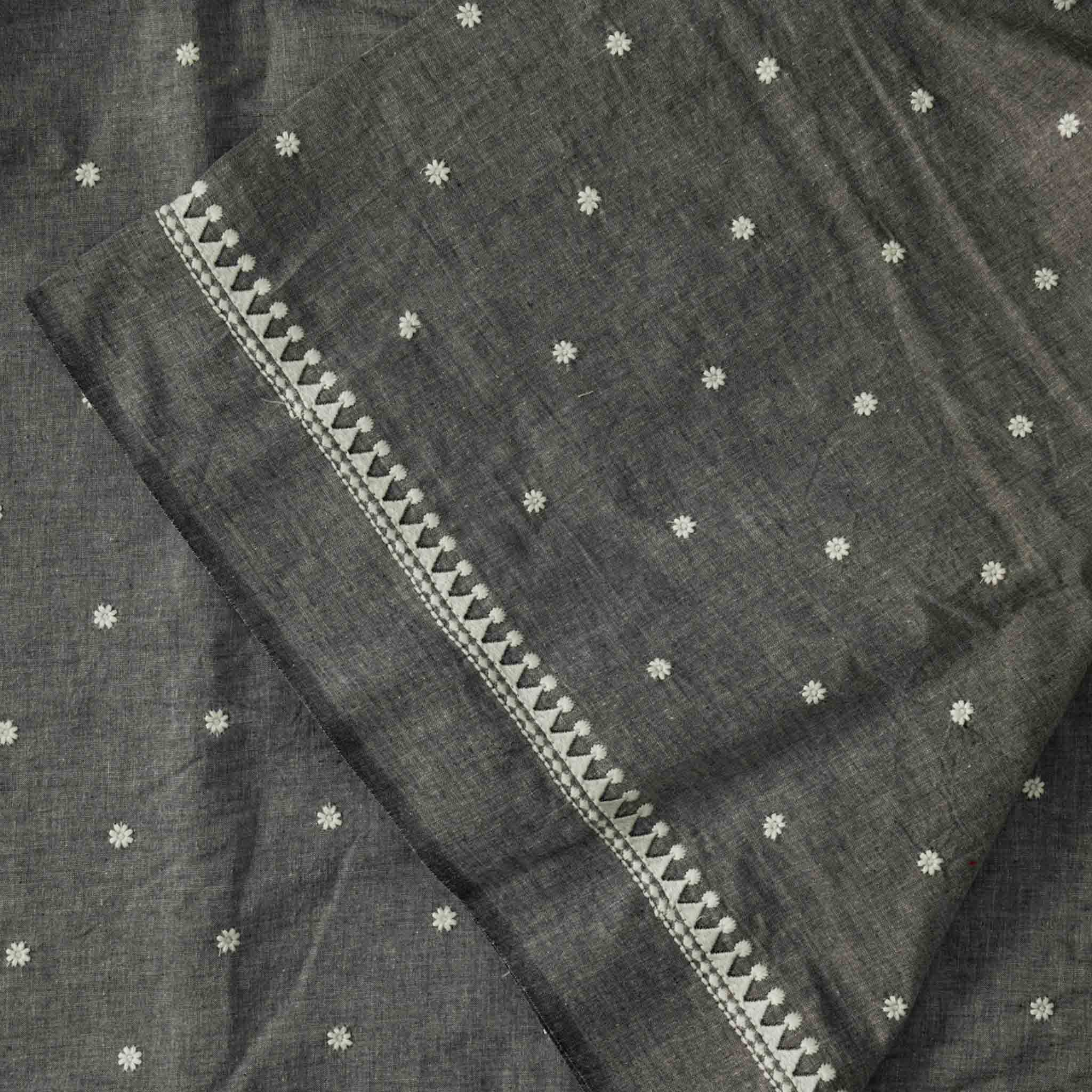 Pure Cotton Handloom Grey Tiny Flower Motif Emboriderey Hand Woven Fab ...