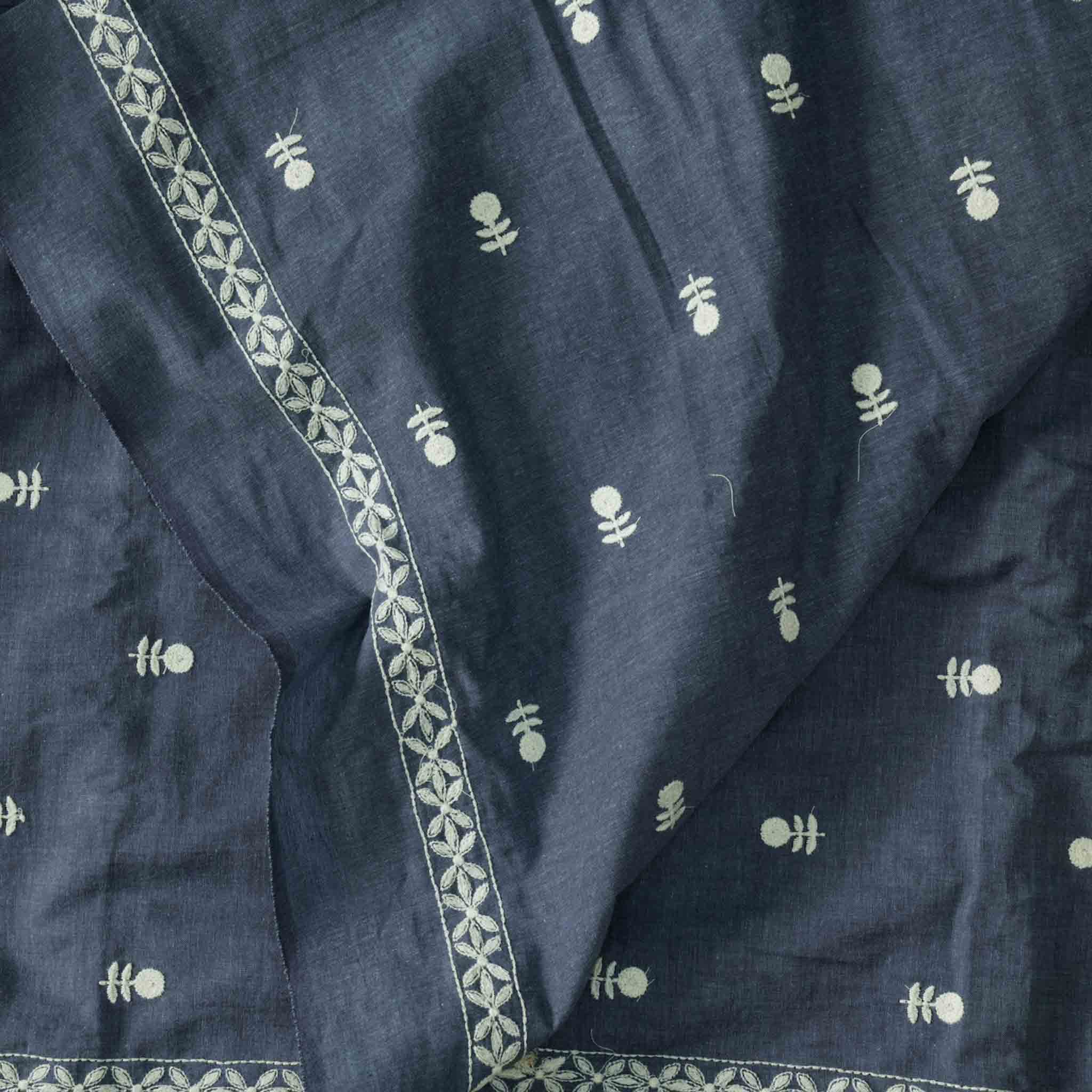 Pure Cotton Handloom Grey With White Flower Motif Emboriderey Hand Wov ...