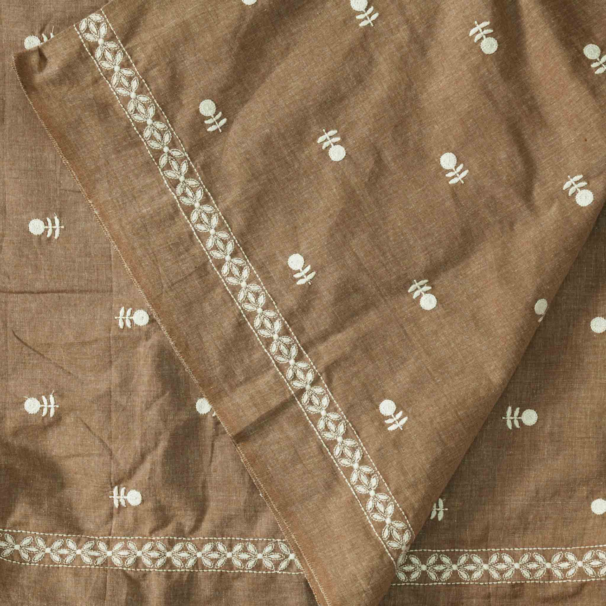 Pure Cotton Handloom Light Brown With White Flower Motif Emboriderey H ...