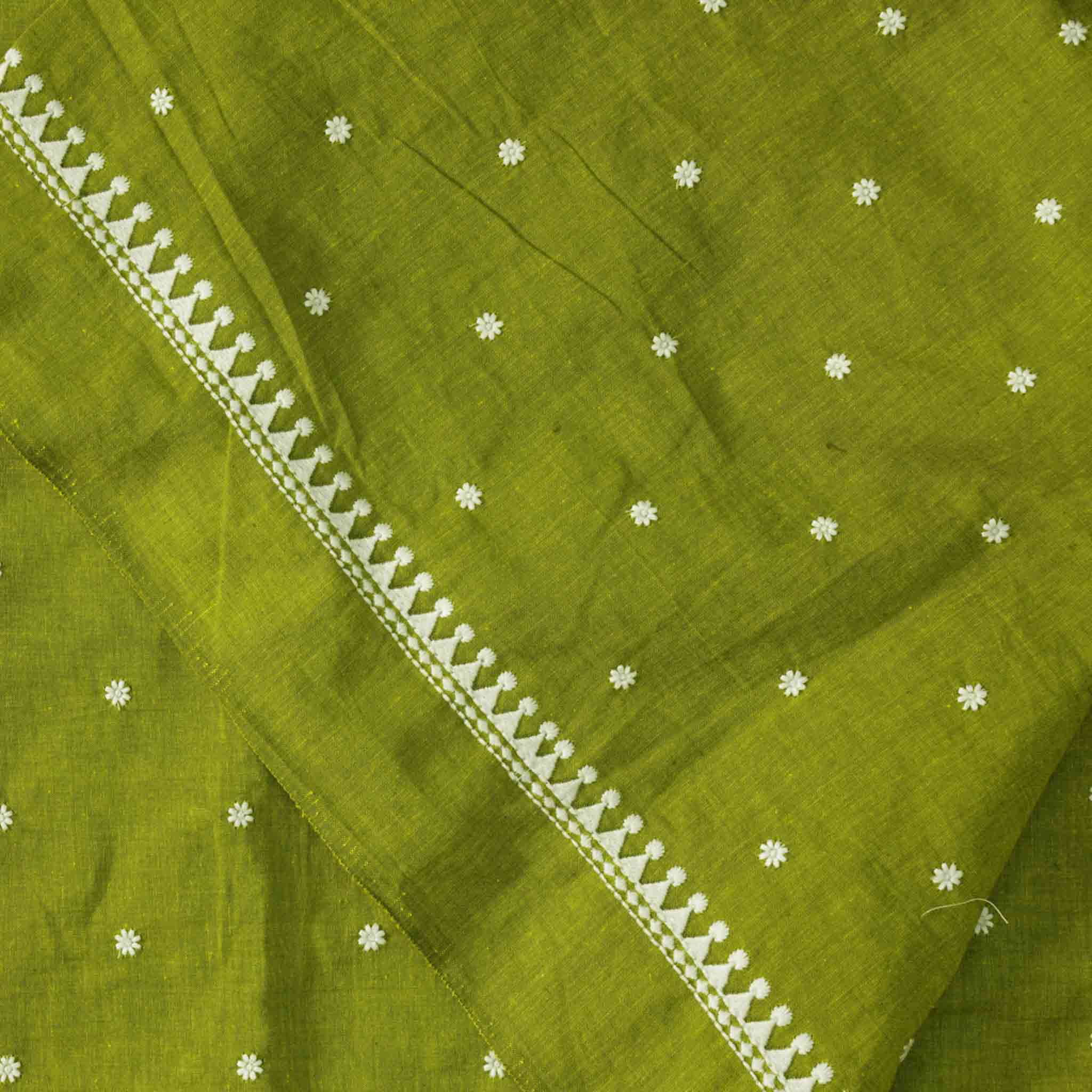 Pure Cotton Handloom Light Green Tiny Flower Motif Emboriderey Hand Wo ...